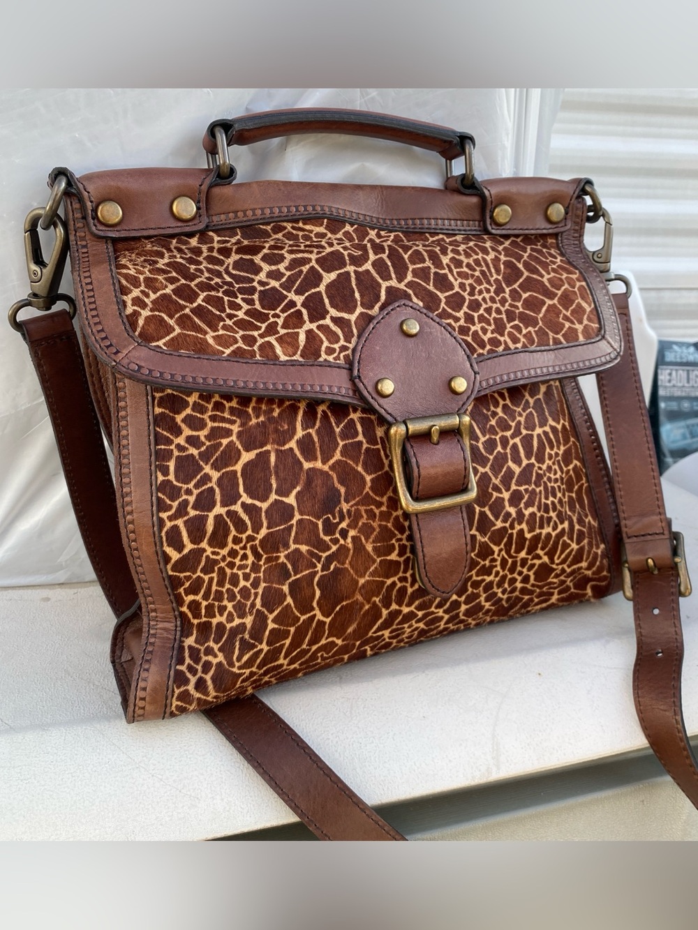 FOSSIL vintage revival reissue brown leather calfhair giraffe satchel bag purse - Picture 5 of 16